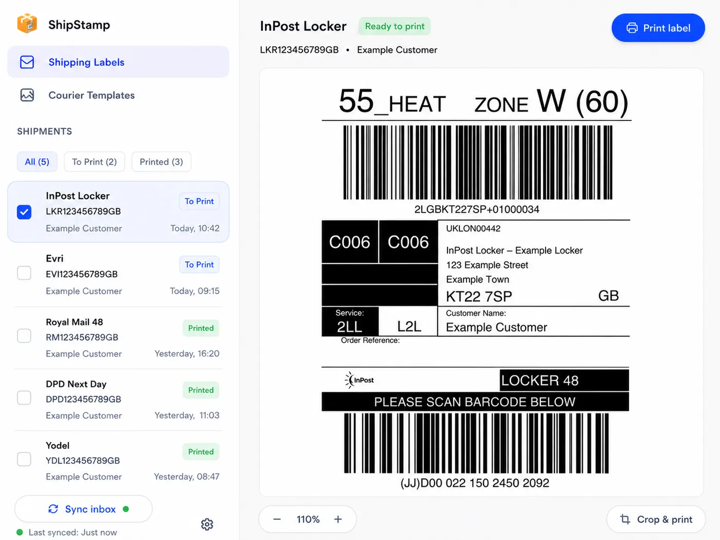 ShipStamp app showing an InPost Locker shipping label ready to print